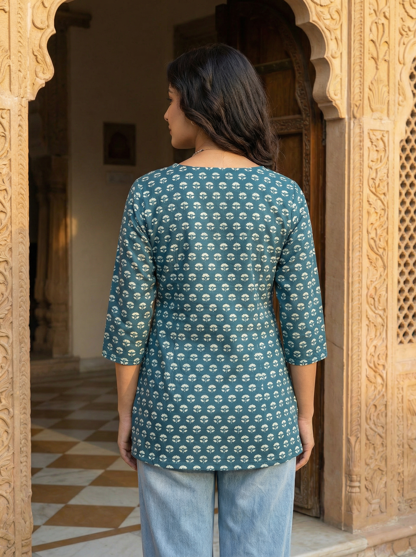 Teal Lotus Butti premium Cotton Short Kurti