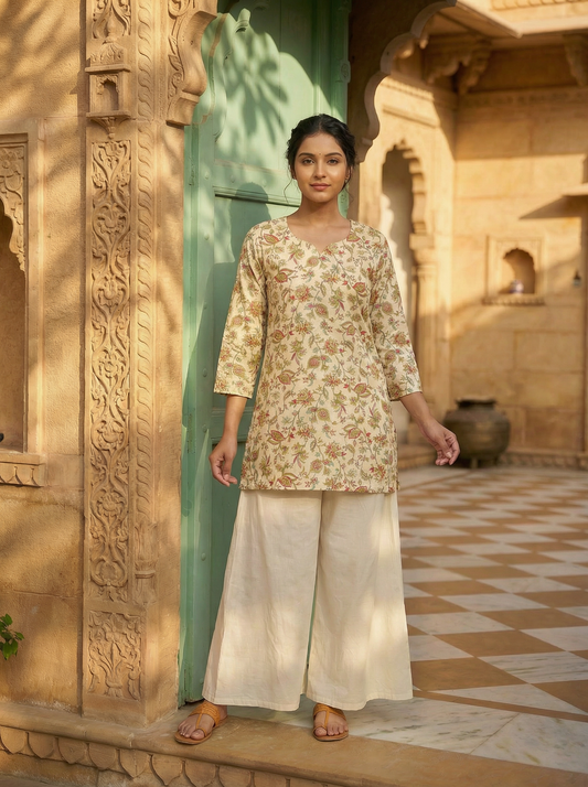 Ivory Jaal Floral Premium Cotton Short Kurti