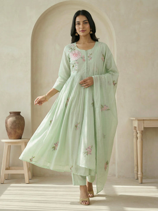 Pastel green (Mint green)  Premium Anarkali Suit Set of 3 Peices