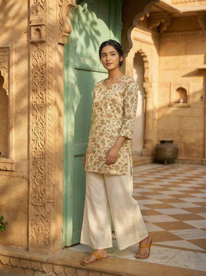 Ivory Jaal Floral Premium Cotton Short Kurti