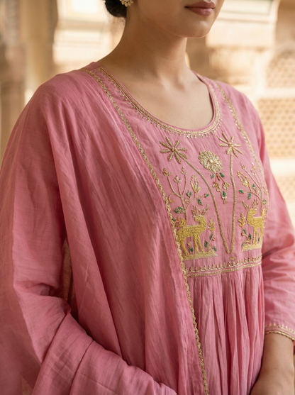 Rose Pink Shekhawati Embroidered Anarkali Suit Set of 3 peices