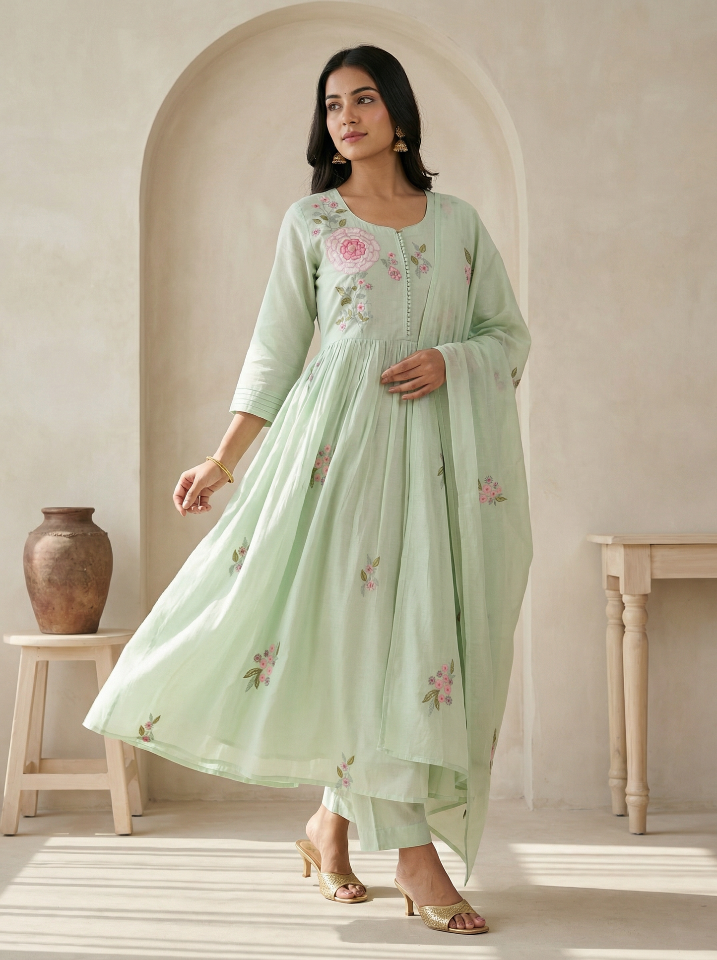 Pastel green (Mint green)  Premium Anarkali Suit Set of 3 Peices