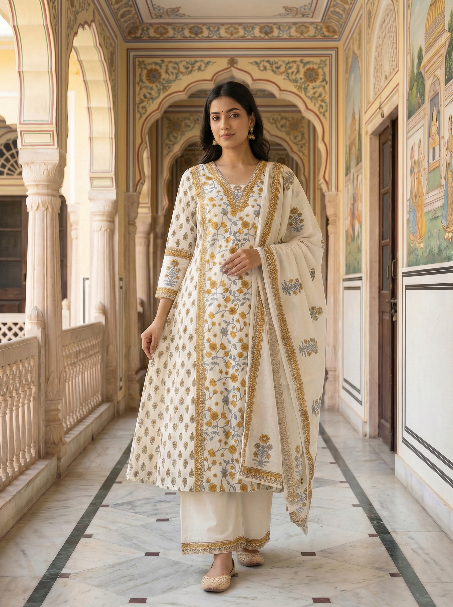 Ivory White Mustard Floral Block Print Suit Set