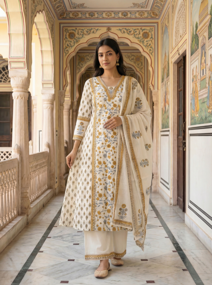 Ivory White Mustard Floral Block Print Suit Set