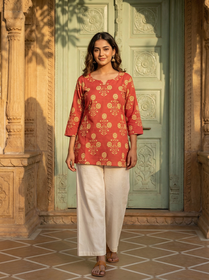 Rust Marigold Butti premium Cotton handblock Print Short Kurti