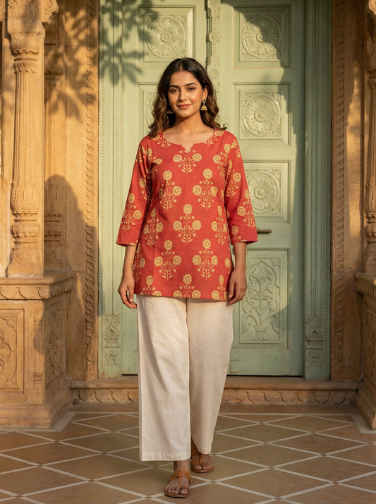 Rust Marigold Butti premium Cotton handblock Print Short Kurti