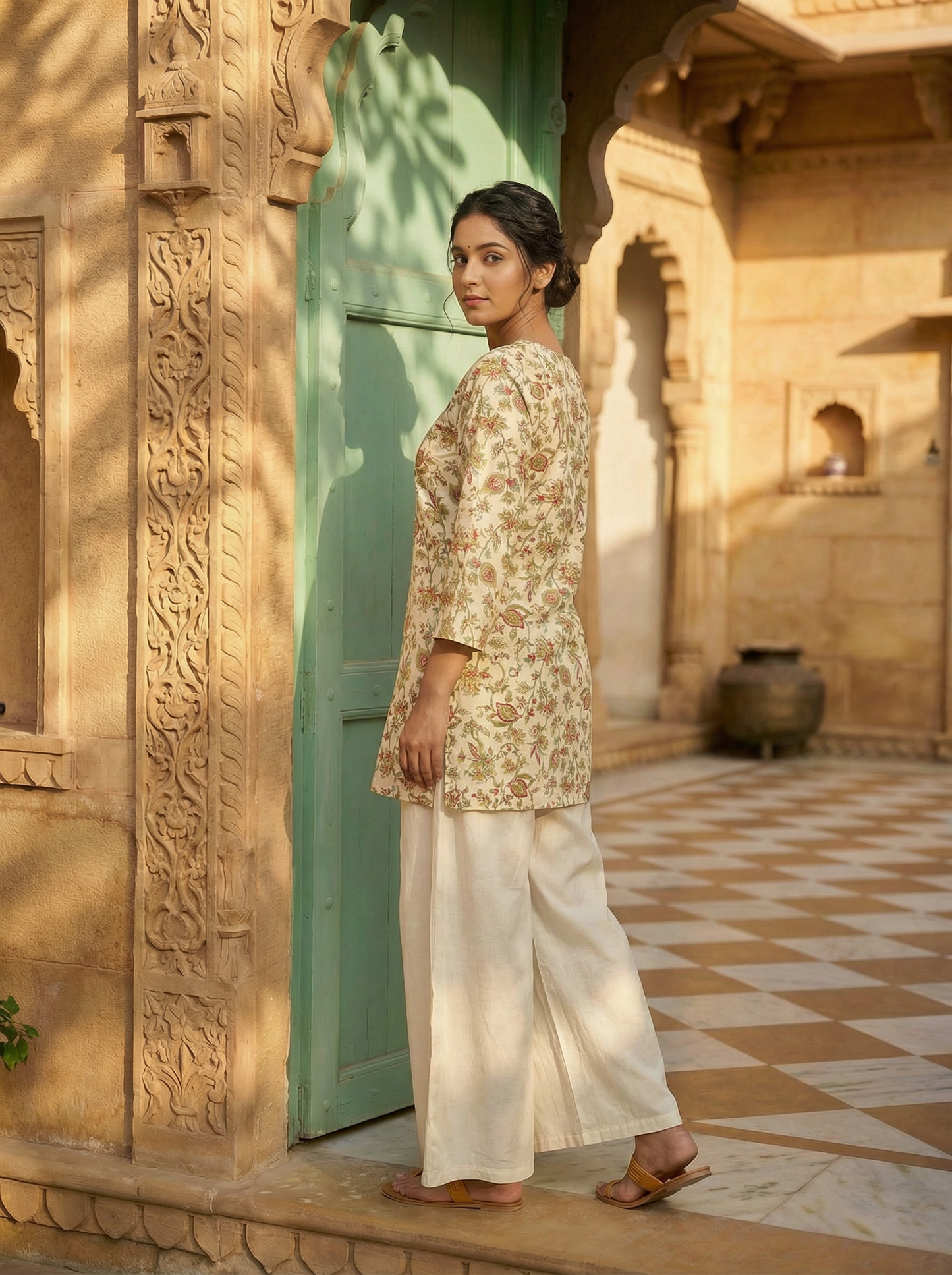 Ivory Jaal Floral Premium Cotton Short Kurti