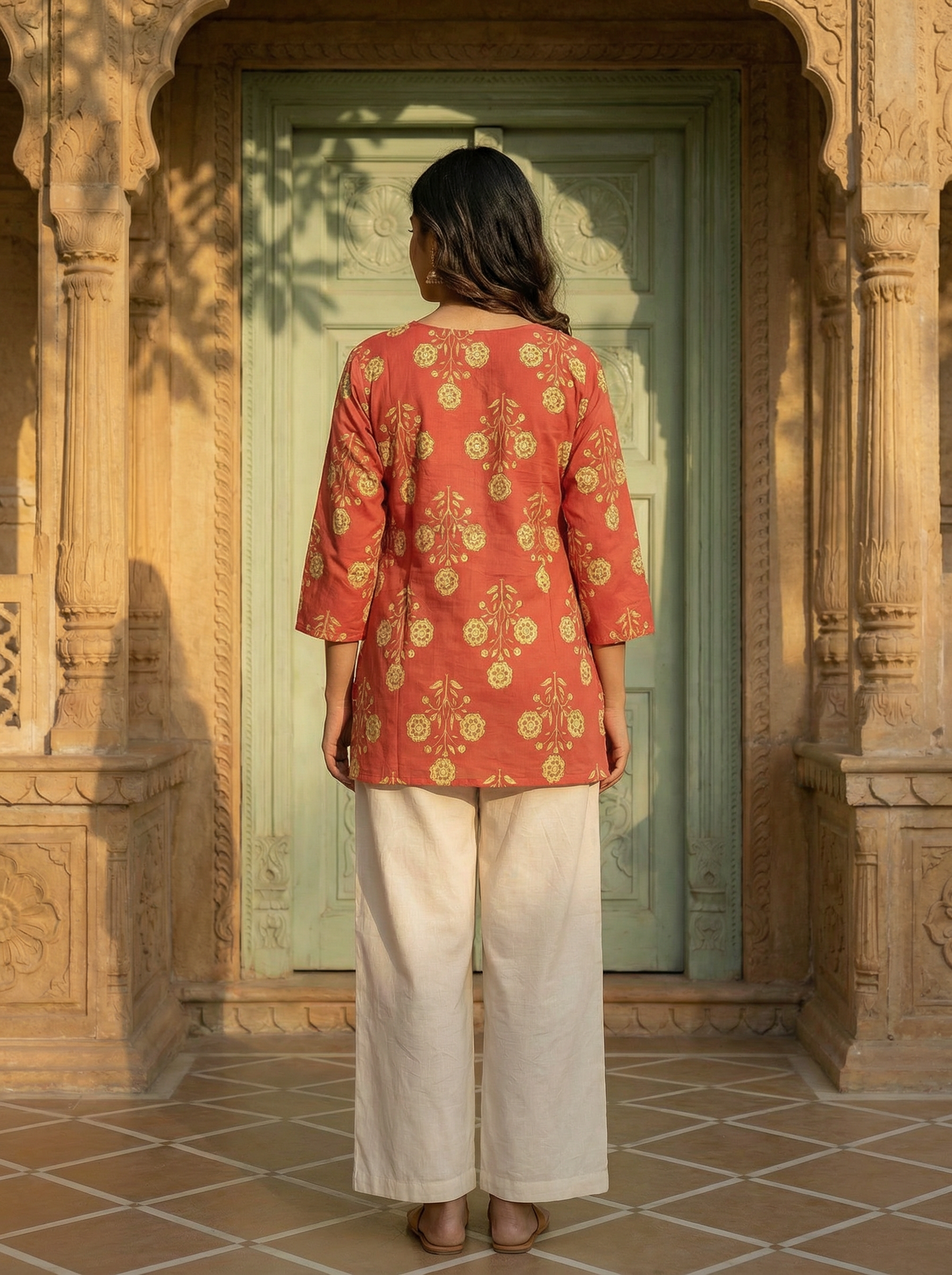 Rust Marigold Butti premium Cotton handblock Print Short Kurti