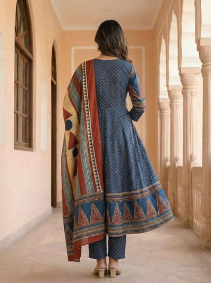 Indigo Ajrakh Anarkali Suit Set | 100% Pure Cotton Printed | Flared Anarkali Kurti + Straight Pant + Dupatta | 3-Piece Set
