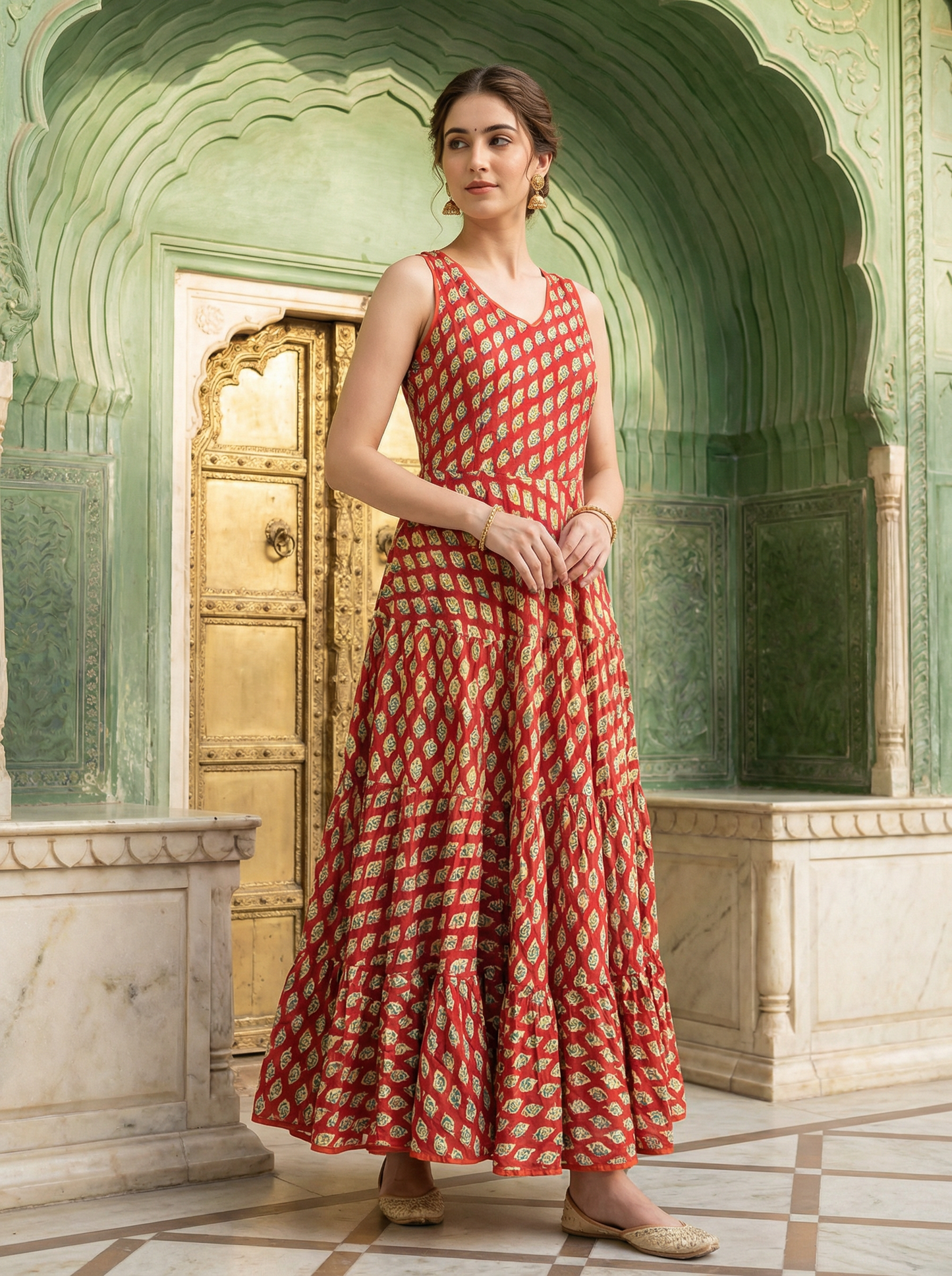 Soft Cambric Cotton Hand Block Floral Print Anarkali Kurti with Heavy Flare