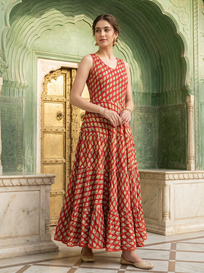 Soft Cambric Cotton Hand Block Floral Print Anarkali Kurti with Heavy Flare