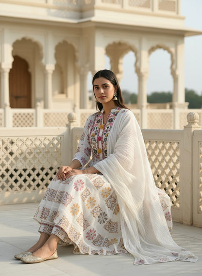 Premium Pure Cotton Block Print Anarkali Suit Set with Straight Pants & Matching Dupatta, Set of 3 Peices