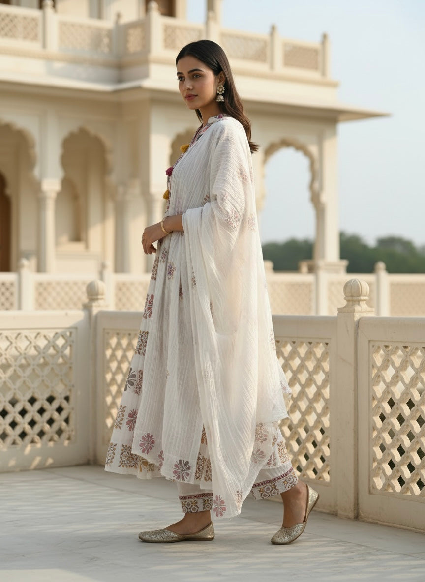 Premium Pure Cotton Block Print Anarkali Suit Set with Straight Pants & Matching Dupatta, Set of 3 Peices