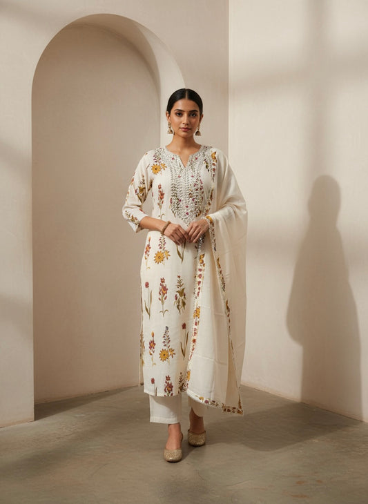 Premium Pure Cotton Straight Suit Set with Chandi Jari Kadai & Designer Dupatta Set Of 3 Peices