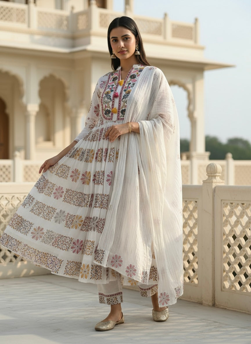 Premium Pure Cotton Block Print Anarkali Suit Set with Straight Pants & Matching Dupatta, Set of 3 Peices