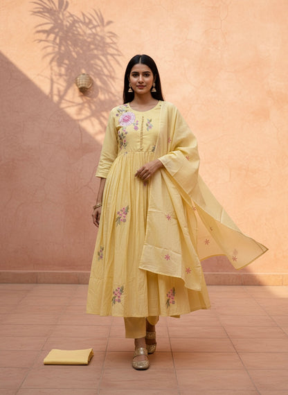 Pastel Yellow Premium Anarkali Suit Set of 3 Peices
