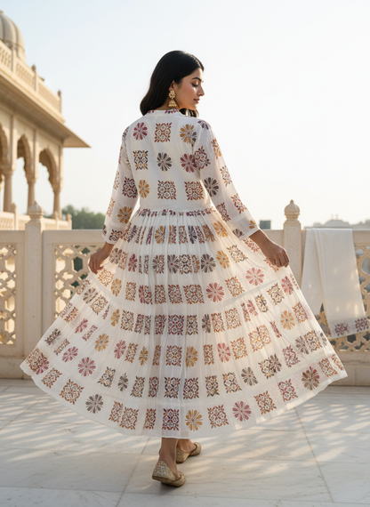 Premium Pure Cotton Block Print Anarkali Suit Set with Straight Pants & Matching Dupatta, Set of 3 Peices