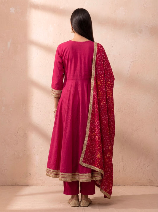 Fuchsia Pink Cotton Anarkali Suit Set with Premium Bandhani Dupatta, Set of 3 Peices