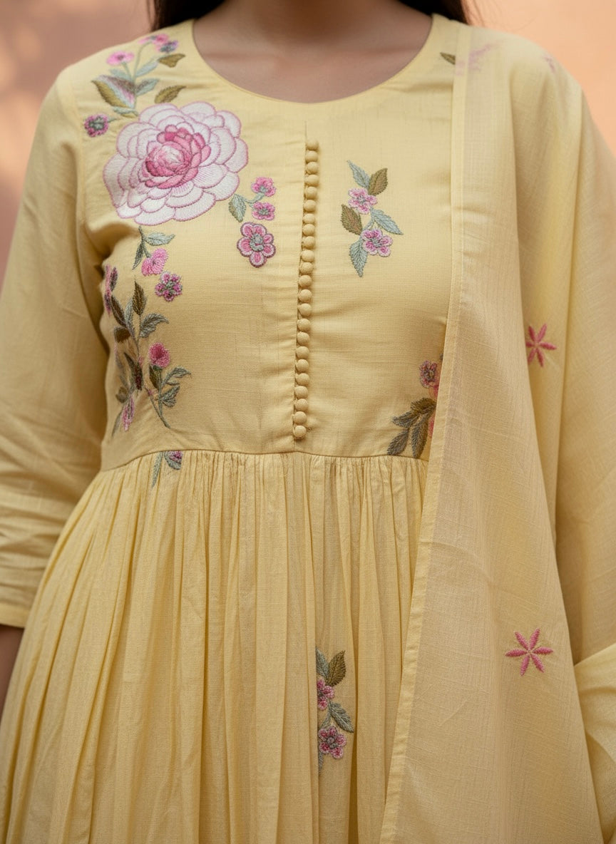 Pastel Yellow Premium Anarkali Suit Set of 3 Peices