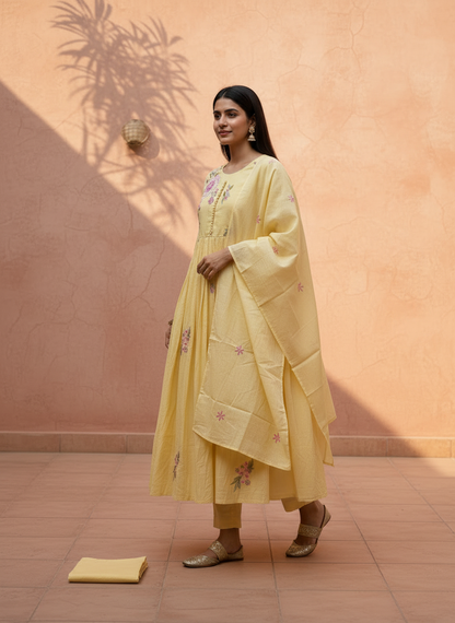 Pastel Yellow Premium Anarkali Suit Set of 3 Peices