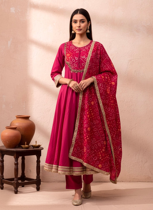 Fuchsia Pink Cotton Anarkali Suit Set with Premium Bandhani Dupatta, Set of 3 Peices