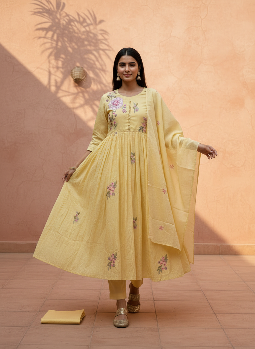 Pastel Yellow Premium Anarkali Suit Set of 3 Peices