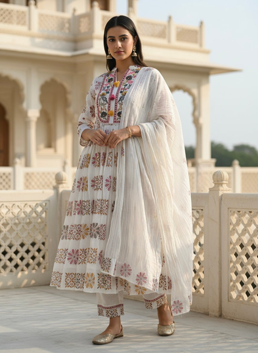Premium Pure Cotton Block Print Anarkali Suit Set with Straight Pants & Matching Dupatta, Set of 3 Peices